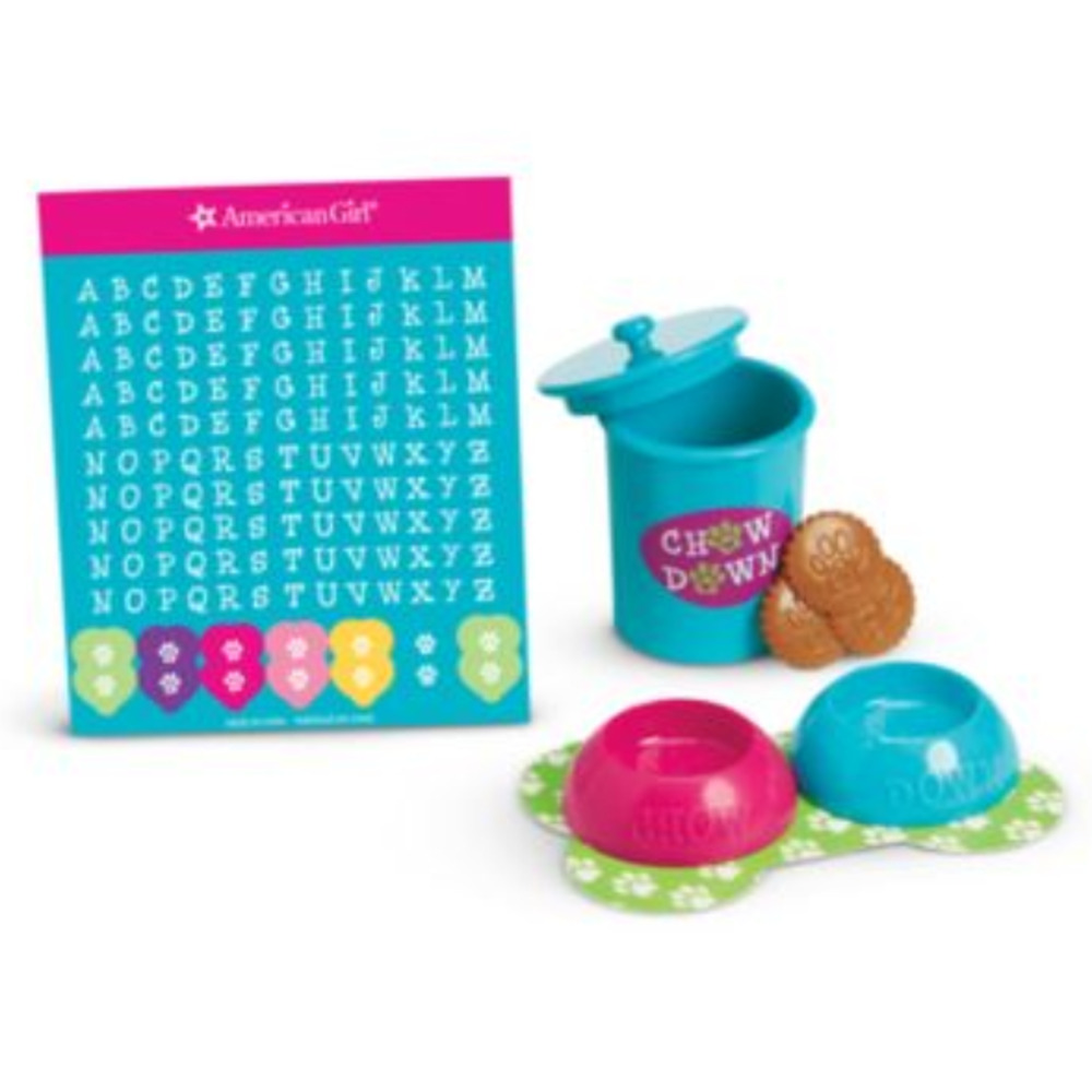 American Girl TREATS & EATS PET SET Bowls Mat Treats Jar Container Stickers BOX